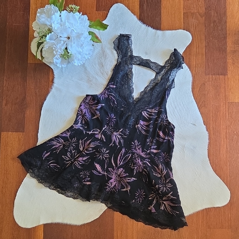 Free People Black Lace Camisole with Purple Floral Print